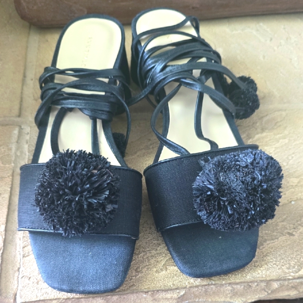 Ann Taylor Black Linen Strappy Sandals with Pom Poms